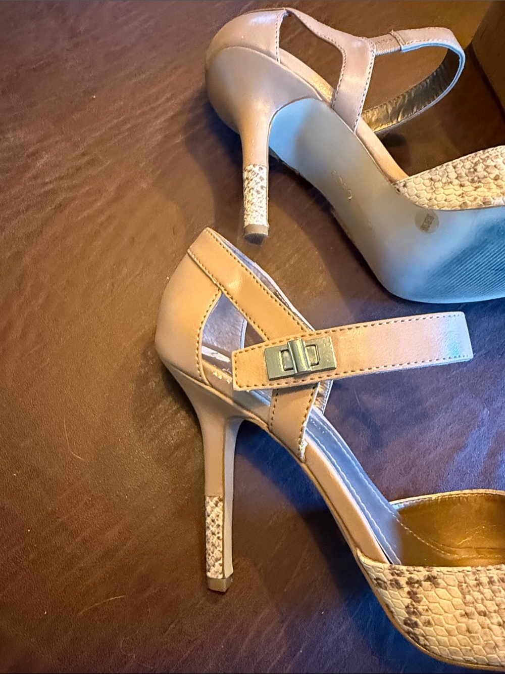 BCBG Neutral Taupe Snake-Print Pointed Ankle-Strap Heels - Picture 5 of 6